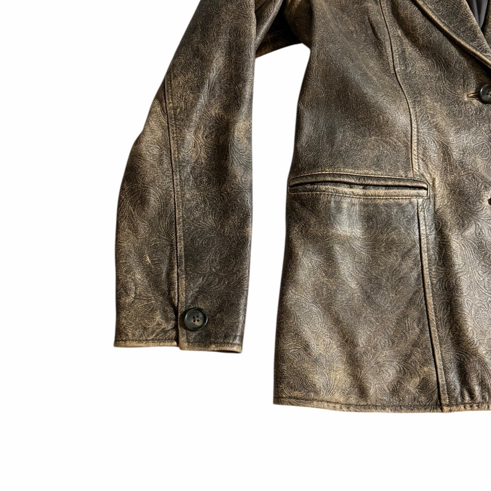 QUE Faux Leather Blazer Jacket – Vintage Distressed Bronze Paisley - Medium - Picture 4 of 11